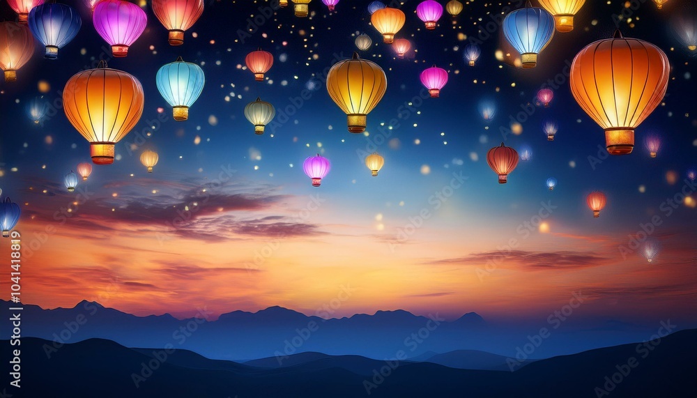Fototapeta premium Glowing lanterns floating in the night sky, vibrant colors, Festival of Lights celebration art
