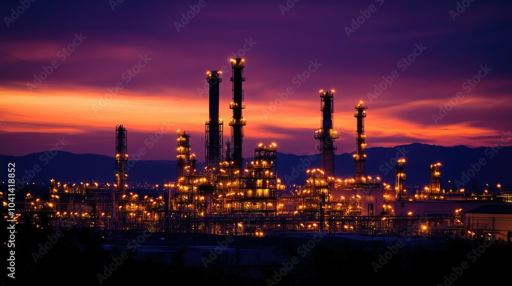 A sprawling refinery illuminated by golden lights at dusk, silhouetted against a deep purple sky, evoking the power of industry. A sprawling refinery illuminated by golden lights at dusk, silhouetted against a deep purple sky, evoking the power of industry.