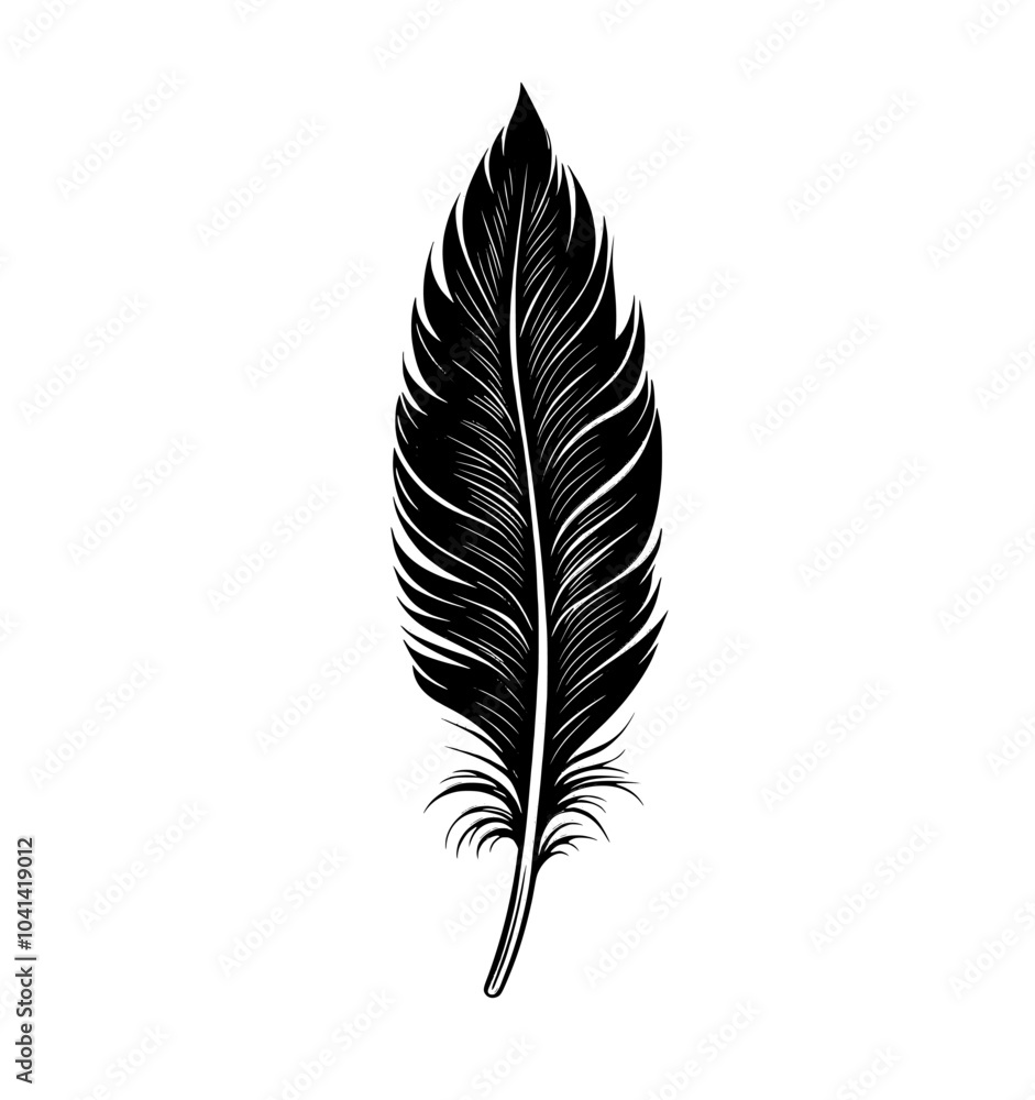 Simple monochrome drawing of a bird feather as a writing instrument Simple monochrome drawing of a bird feather as a writing instrument