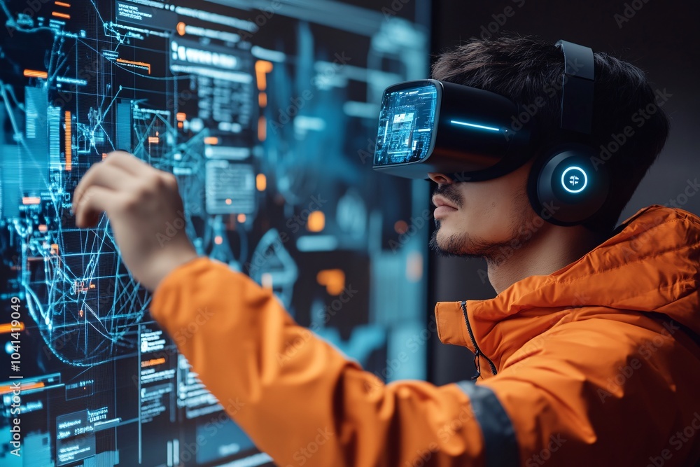 Man Interacting with Virtual Reality Interface Man Interacting with Virtual Reality Interface