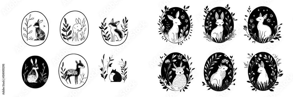 A landscape in linocut, featuring magic, girls, and mystical elements. Hand drawn illustration, linocut blockprint. A landscape in linocut, featuring magic, girls, and mystical elements. Hand drawn illustration, linocut blockprint.