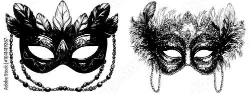 Doodle Mardi Gras mask with beads, cartoon sticker, sketch, modern, illustration, minimalist, black and white