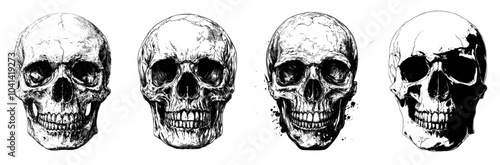 Human skull vintage sketch. A detailed cranium etched drawing in monochrome.