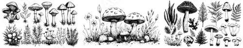 Detailed black and white illustration of mushrooms. Drawings of boletus and fly agaric in line art style. Sketch of forest porcini and champignons.