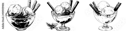 Hand-drawn color and monochrome sketch of an ice cream ball with waffle tube in a bowl. Vintage illustration. Ideal for labels, packaging and postcards.