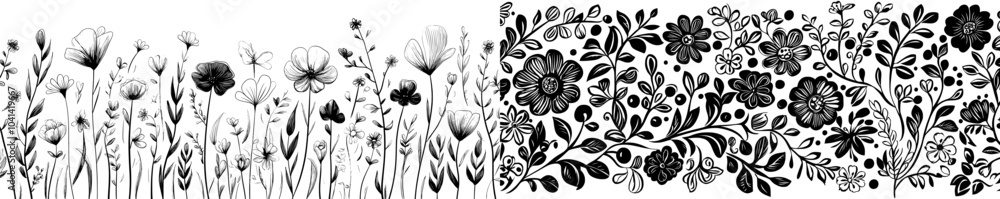 The elegant floral pattern has meadow wildflowers scattered across the background. Ditsy print. Abstract plant motif. Black brush painted floral ornament. The elegant floral pattern has meadow wildflowers scattered across the background. Ditsy print. Abstract plant motif. Black brush painted floral ornament.