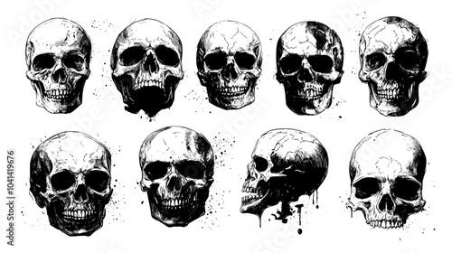 Skull drawn in black ink. Modern illustration of a vintage monochrome skull collection