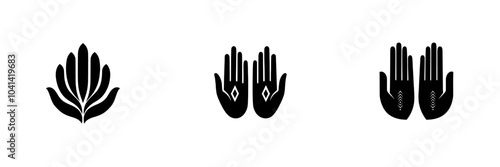 An illustration of two hands open palm greetings in the year 2000 in monochrome with a retro and groovy icon