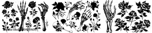 Bundle of finger bones holding a wildflower, Skeleton Holding Rose, Skeleton Rose Clipart, Skeleton Hand modern design