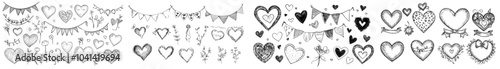Various handdrawn hearts for Valentine's Day, love and marriage. Includes a love sign, flower wreath, heart wreath, flowers and leaves.