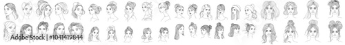 Stunning line art illustration of women performing beauty routines. Hair dryer, curlers, and hairstyles are all shown.