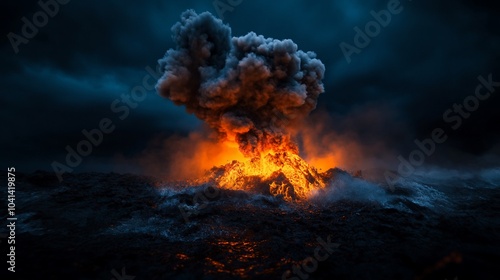 A large volcanic eruption with a massive plume of ash and smoke rising into the dark sky.