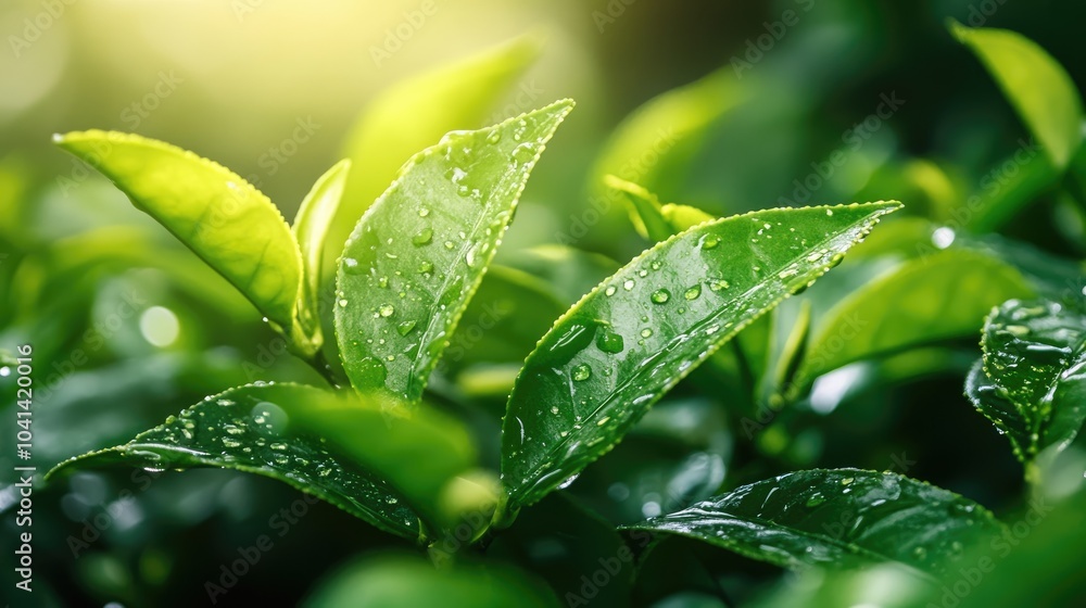 Fototapeta premium Water droplets cascading onto bright green tea leaves