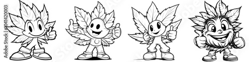 The hemp plant with leaves as a hippie mascot, a cartoon narcotic sticker in the 70s and 80s style.