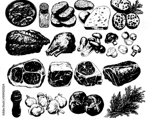 Set of hand-drawn colored and monochrome sketches of barbecue and picnic elements. For the design of the cafe menu's grilled food section. Vintage illustration doodle. Engraved.
