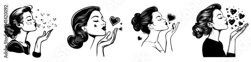 A retro girl blowing a kiss in vintage woodcut engraving style.