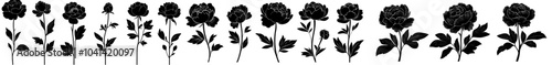 Peony flower with leaves. Unframed black silhouette of a peony flower. Set of Flower icons.