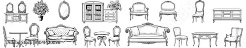 Elegant antique furniture and home interior decorations in trendy vintage retro style. Modern hand drawn black sketch illustrations isolated on transparent background.