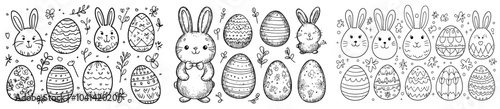 Easter bunny doodles with chocolate eggs and sunshine. Modern monochrome outline sketches of animal mascots and cakes. Flora and twigs.