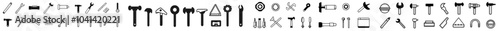 In addition to tools icons, the collection includes inventory illustration signs and repair logos.