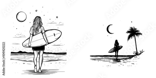 Modern black and white doodle illustration of a surf girl moon. T-shirts, posters and stickers