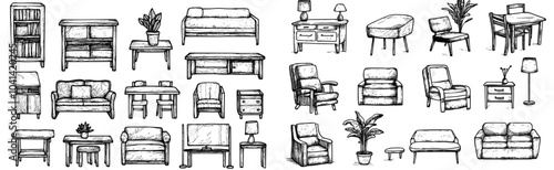 Modern home interior decorations and furniture with trendy Mid Century modern retro 70s t style hand drawn black sketch on transparent background. Made of monochrome colors.