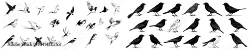 This collection of minimalist bird sketches features various species of birds in dynamic poses. Perfect for wall art, decor, prints, and wall decor. The art is captivating, monochromatic in design,