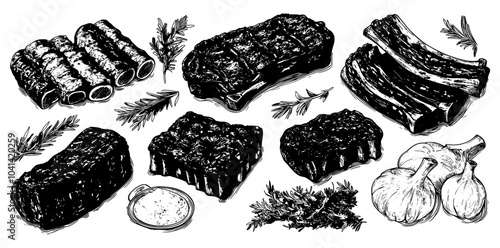 The menu decoration consists of hand-drawn colored and monochrome modern sketches of grilled beef steaks, vintage illustrations. An engraved image shows grilled beef steaks with a side of meat.