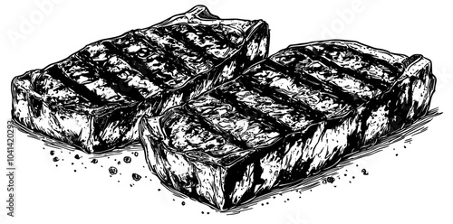 Modern sketch of rib eye steak, beef steak, piece of meat. Doodle vintage illustration. Decoration for cafes and labels. Engraved image.