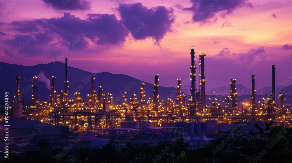 Naklejka premium A vast oil refinery illuminated by golden lights at dusk, with a deep purple sky providing a striking contrast to the industrial silhouette.