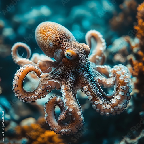 A close-up view of an octopus with one eye visible and its tentacles in sharp focus against a blurred background. photo