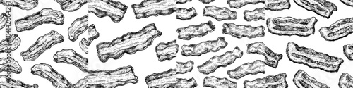 Hand-drawn seamless pattern of bacon in an engraved vintage style. Monochrome pattern of hamon or pork meat. Vintage sketch of Italian prosciutto.