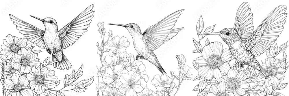 An illustration with a hummingbird and flowers in a monochrome sketch An illustration with a hummingbird and flowers in a monochrome sketch