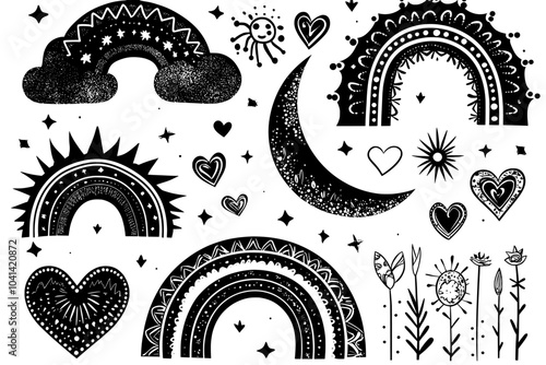 Black and white illustration of a boho rainbow with celestial objects silhouette. Modern illustration for baby nursery decoration.