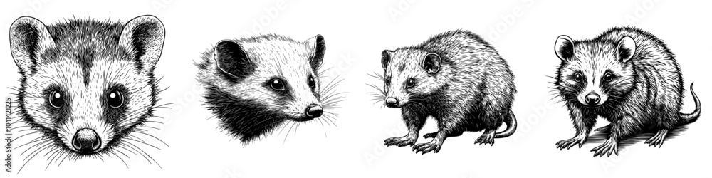 Naklejka premium A red opossum with a vintage retro engraving illustration. An icon, logo, and label in black. Isolated element. png