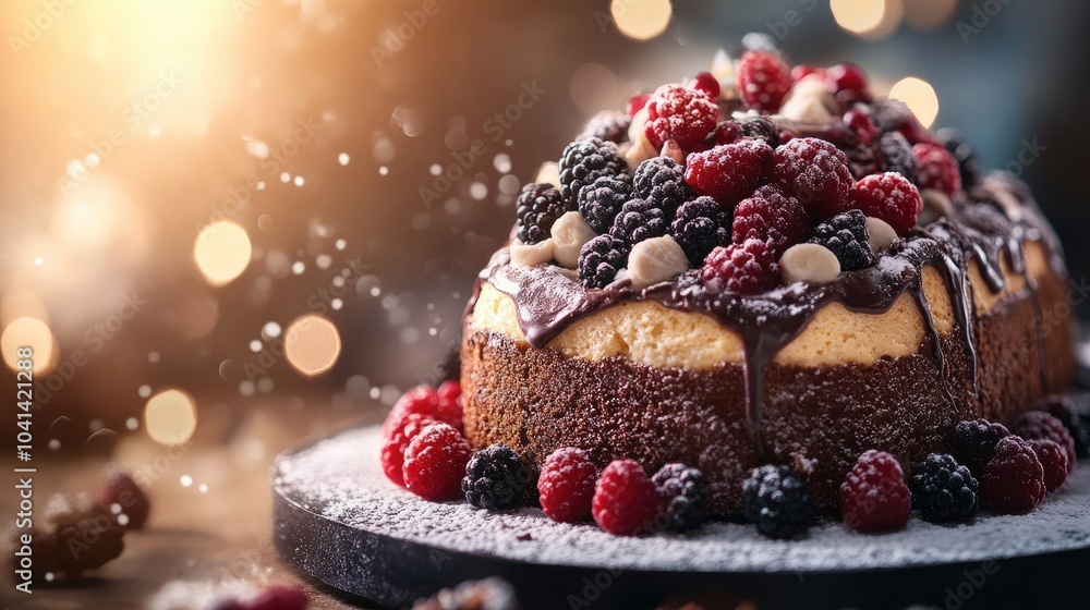 A decadent yule log cake adorned with chocolate and fresh berries set against a softly blurred background featuring ample copy space A decadent yule log cake adorned with chocolate and fresh berries set against a softly blurred background featuring ample copy space