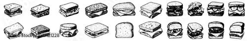 Fast food retro modern illustrations of hamburgers and sandwiches with bacon, cheese, salad, tomatoes, cucumbers, etc. Hand-drawn monochrome sketches.