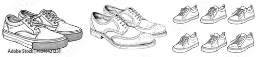 Running and Sports Sneakers. Illustration of jogging shoes against an abstract background. Abstract drawing of trainers for icons or in linear style. Sketch of women's tennis boots painted with black