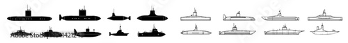 Icons of submarines. Bathyscaphe illustration sign collection. Logos of naval vessels.