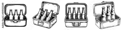 An open refrigerator bag with glass bottles of cold beer is drawn in black ink on a transparent background. Simple minimalistic modern.