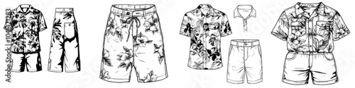 Shorts and shirt in Hawaiian floral pattern in monochrome. Summer men's clothing for beach holidays. Simple minimalistic modern in black ink drawing on transparent background.