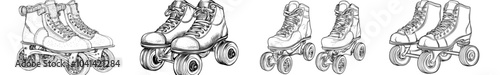 Ink sketch of roller skates, in black and white, modern illustration, hand drawn ink sketch.