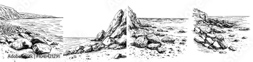 The summer beach is illustrated in ink. Stone and rock texture drawing. Landscape illustration in minimal style.