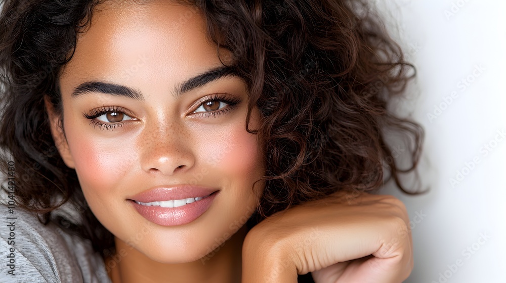 Confident and Cheerful African American Woman Posing in Simple T shirt with Curly Hair Framing Her Face on White Background Confident and Cheerful African American Woman Posing in Simple T shirt with Curly Hair Framing Her Face on White Background