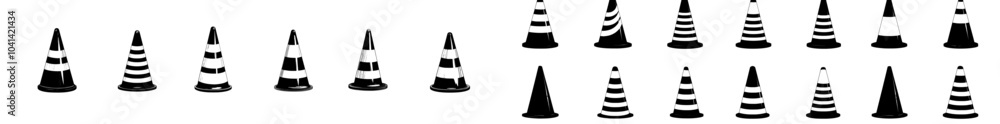 Set of traffic cone icons. Road token. Accident symbol collection. Crash logo. Set of traffic cone icons. Road token. Accident symbol collection. Crash logo.
