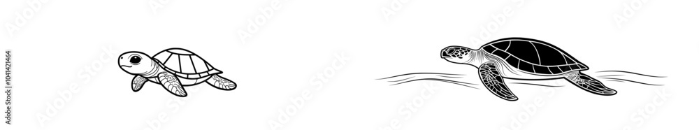 A modern drawing of a sea turtle isolated on a white background. Abstract minimal hand drawn border or divider. A modern drawing of a sea turtle isolated on a white background. Abstract minimal hand drawn border or divider.