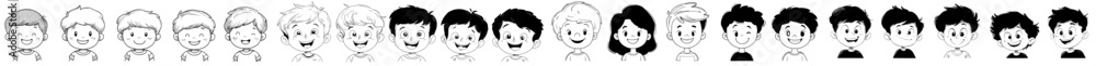 Hand drawn black on white illustration of a schoolboy head with a variety of hairstyles. Hand drawn black on white illustration of a schoolboy head with a variety of hairstyles.
