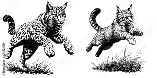 Monochrome animal monochrome sketch, vintage engraving line art, bobcat jump