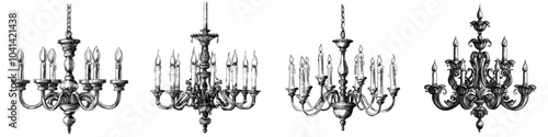 Sketch drawing of chandelier in ink, black and white, engraving style