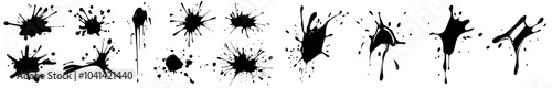 Ink drops. Red paint splatter on grime spot. Spray elements. Liquid blobs and spatters.